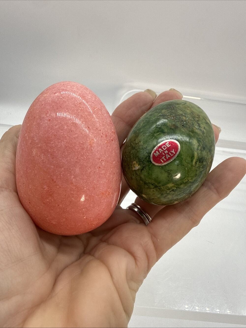 Genuine Alabaster Hand Carved Egg Pink Blend Made In Italy 2.25” Green & 3” Pink